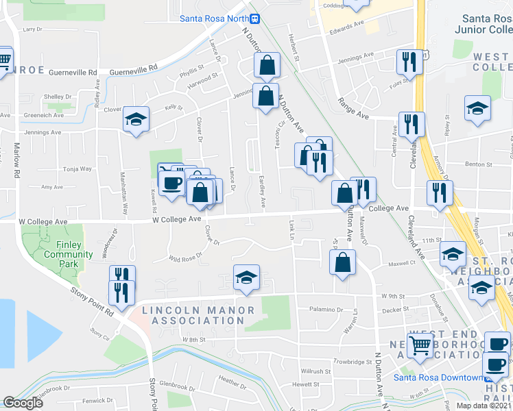 map of restaurants, bars, coffee shops, grocery stores, and more near 1143 Eardley Avenue in Santa Rosa