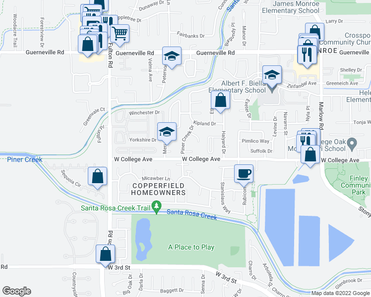 map of restaurants, bars, coffee shops, grocery stores, and more near 1112 Piner Creek Drive in Santa Rosa