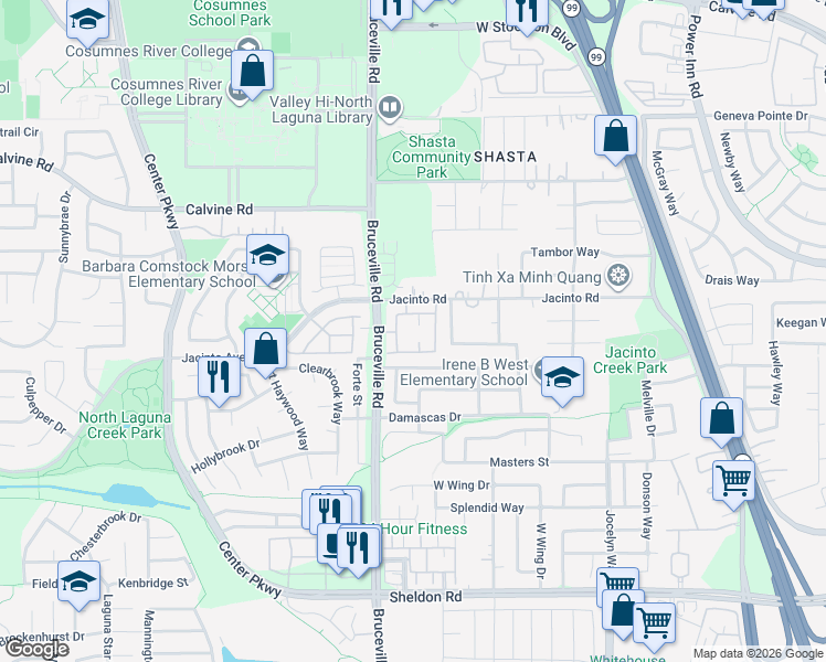 map of restaurants, bars, coffee shops, grocery stores, and more near 8501 Bruceville Rd in Sacramento