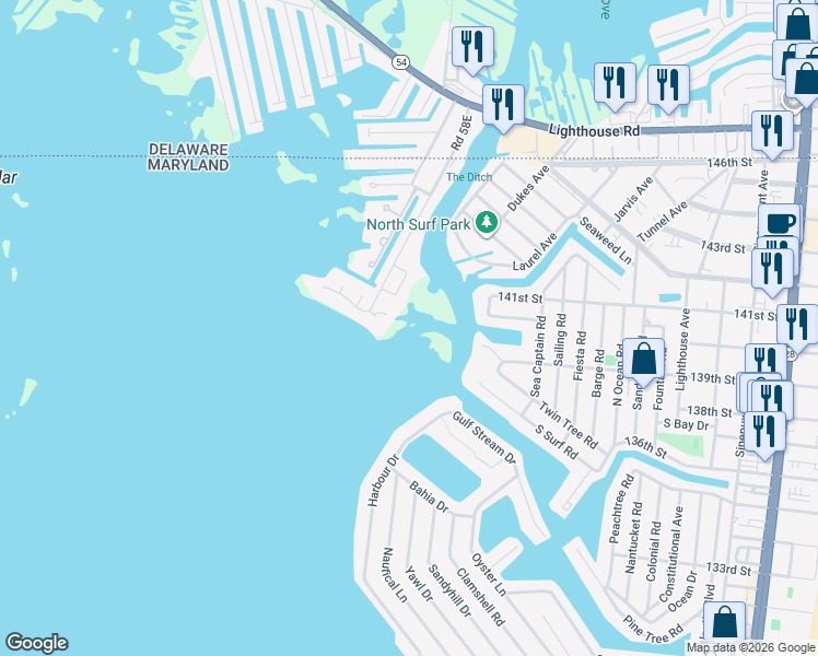 map of restaurants, bars, coffee shops, grocery stores, and more near 27 Nantucket Court in Ocean City