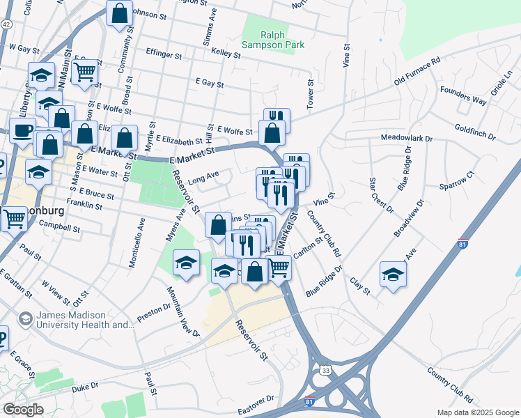 map of restaurants, bars, coffee shops, grocery stores, and more near 624 Hawkins St in Harrisonburg