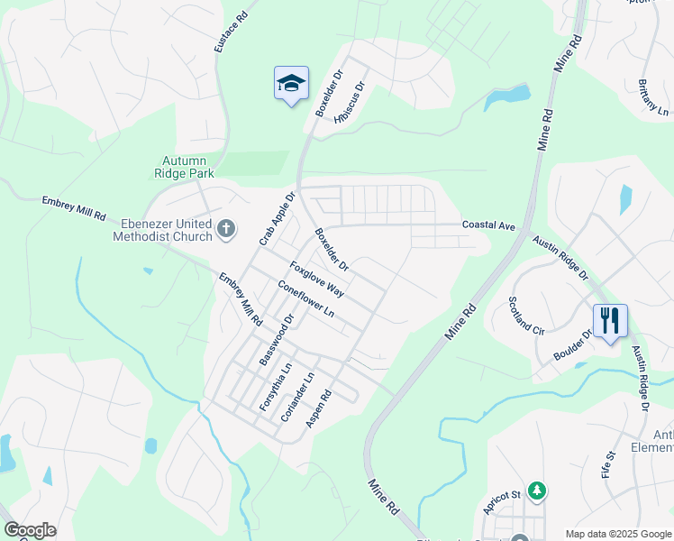 map of restaurants, bars, coffee shops, grocery stores, and more near 340 Boxelder Drive in Stafford