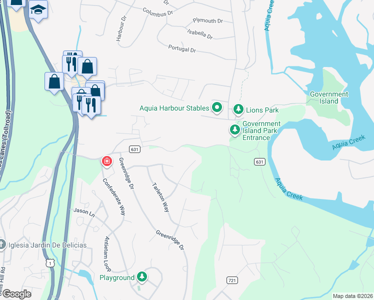 map of restaurants, bars, coffee shops, grocery stores, and more near 148 Coal Landing Road in Stafford