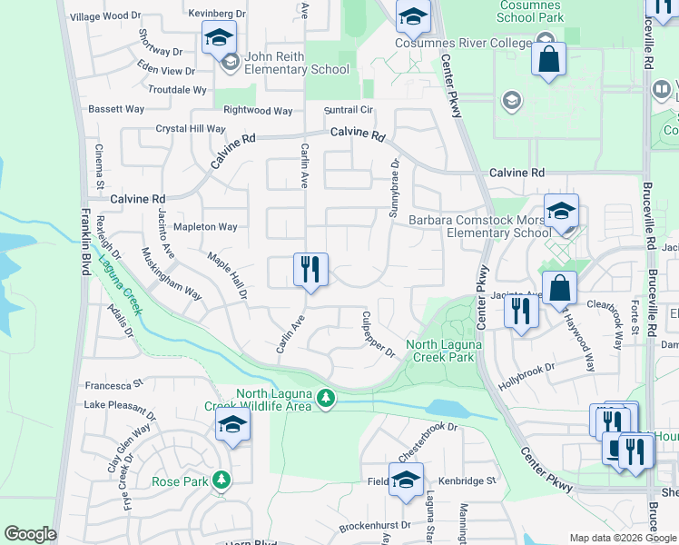 map of restaurants, bars, coffee shops, grocery stores, and more near 8660 Sunnybrae Drive in Sacramento
