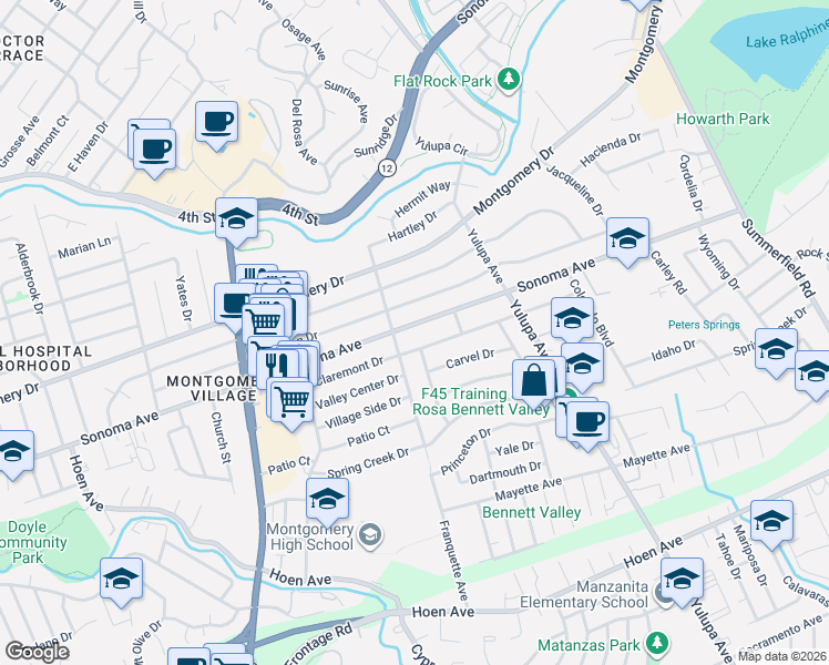 map of restaurants, bars, coffee shops, grocery stores, and more near 3034 Sonoma Avenue in Santa Rosa