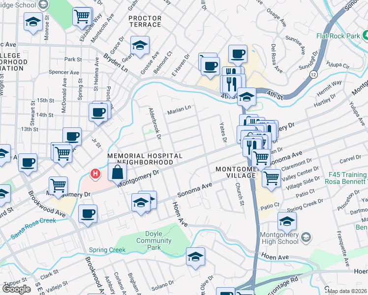 map of restaurants, bars, coffee shops, grocery stores, and more near 1819 Will Scarlet Lane in Santa Rosa