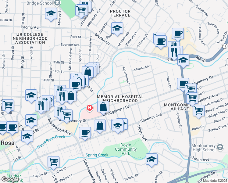 map of restaurants, bars, coffee shops, grocery stores, and more near 1529 Leonard Avenue in Santa Rosa