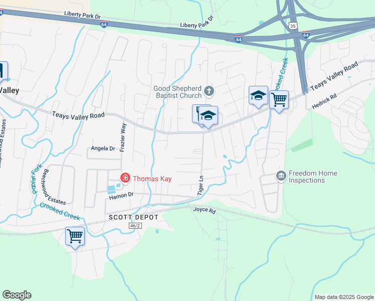 map of restaurants, bars, coffee shops, grocery stores, and more near 6044 Teays Valley Road in Teays Valley