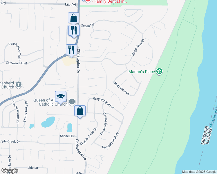 map of restaurants, bars, coffee shops, grocery stores, and more near 241 Bluff View Circle in St. Louis
