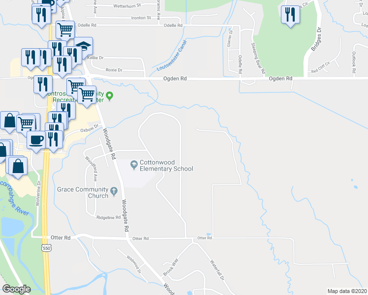 map of restaurants, bars, coffee shops, grocery stores, and more near 2018 Otter Pond Circle in Montrose