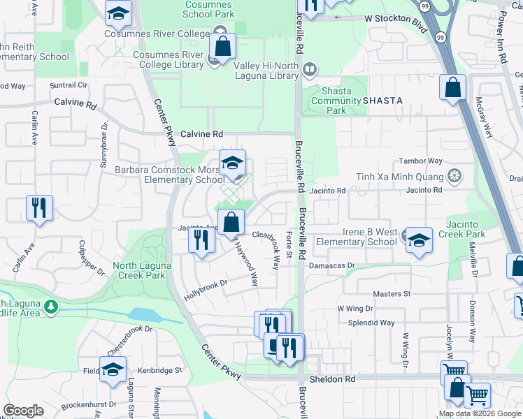 map of restaurants, bars, coffee shops, grocery stores, and more near 5204 Dartford Drive in Sacramento