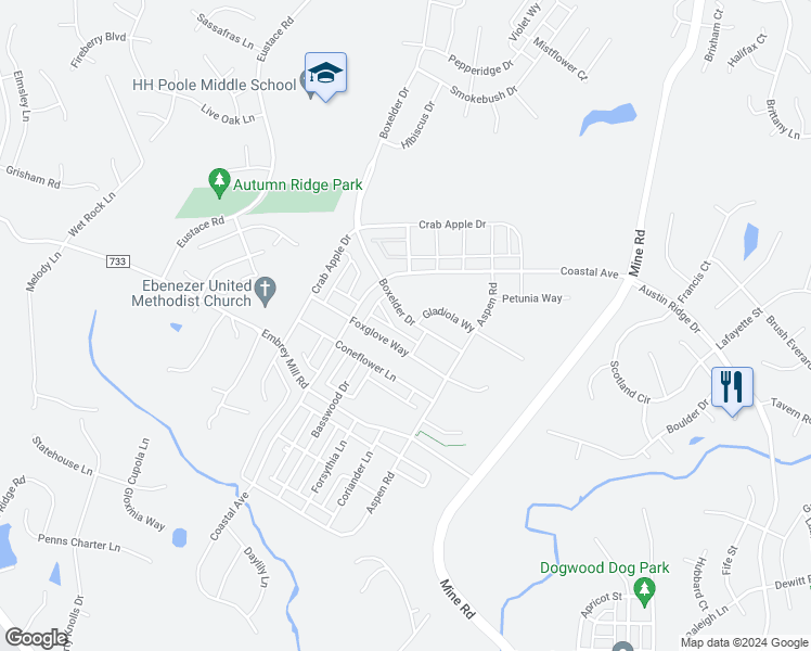 map of restaurants, bars, coffee shops, grocery stores, and more near 340 Boxelder Drive in Stafford