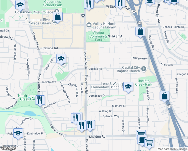 map of restaurants, bars, coffee shops, grocery stores, and more near 6 Jacinto Road in Elk Grove