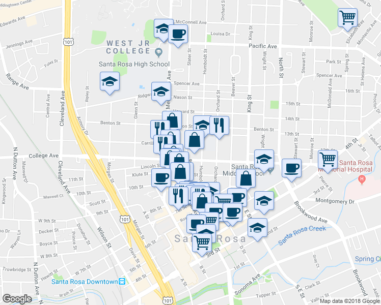 map of restaurants, bars, coffee shops, grocery stores, and more near 731 Humboldt Street in Santa Rosa