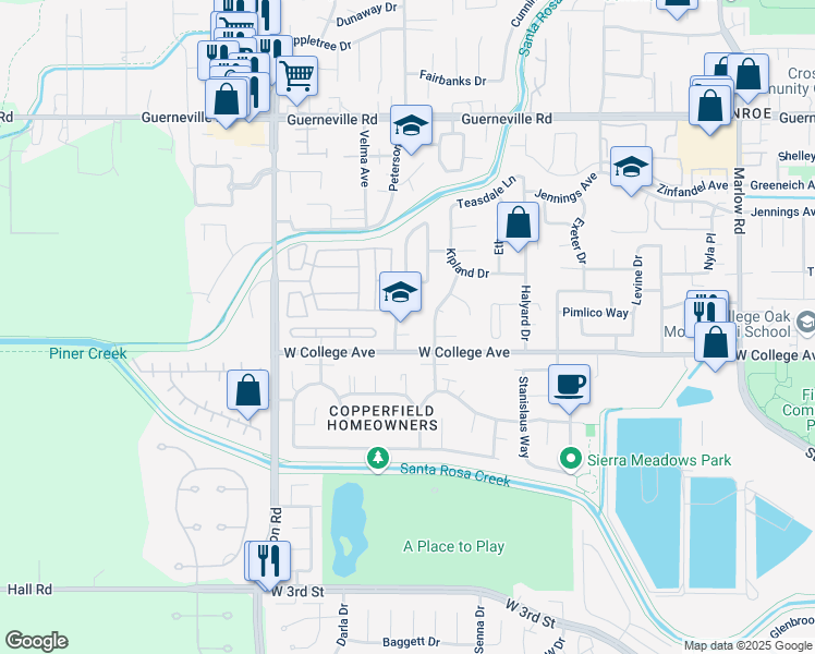 map of restaurants, bars, coffee shops, grocery stores, and more near 1128 Meridian Circle in Santa Rosa