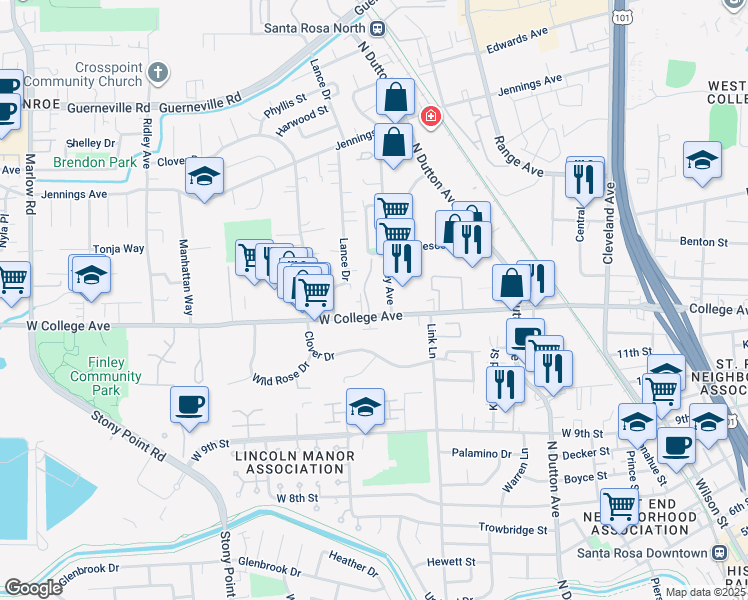 map of restaurants, bars, coffee shops, grocery stores, and more near 1197 Eardley Avenue in Santa Rosa