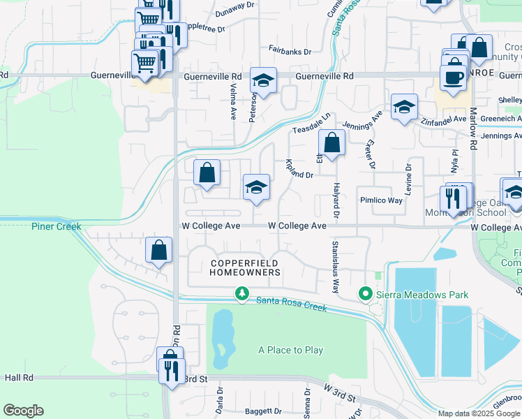 map of restaurants, bars, coffee shops, grocery stores, and more near 1128 Meridian Circle in Santa Rosa