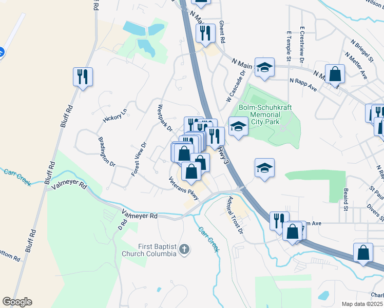 map of restaurants, bars, coffee shops, grocery stores, and more near 100 Columbia Center in Columbia