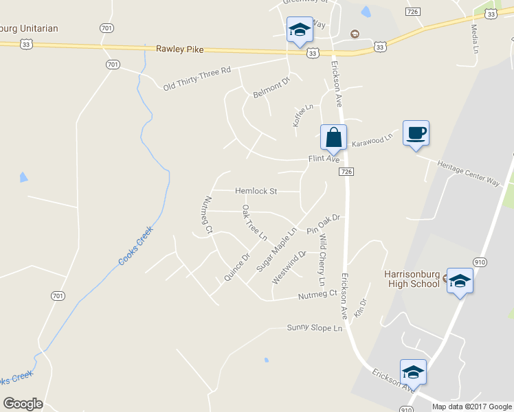 map of restaurants, bars, coffee shops, grocery stores, and more near 3146 Pin Oak Drive in Harrisonburg