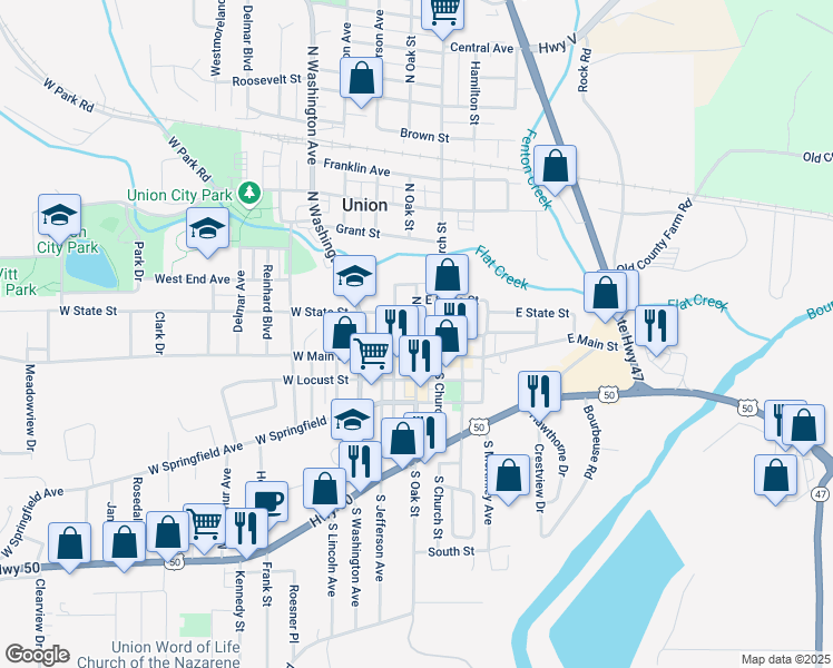 map of restaurants, bars, coffee shops, grocery stores, and more near 101 North Oak Street in Union