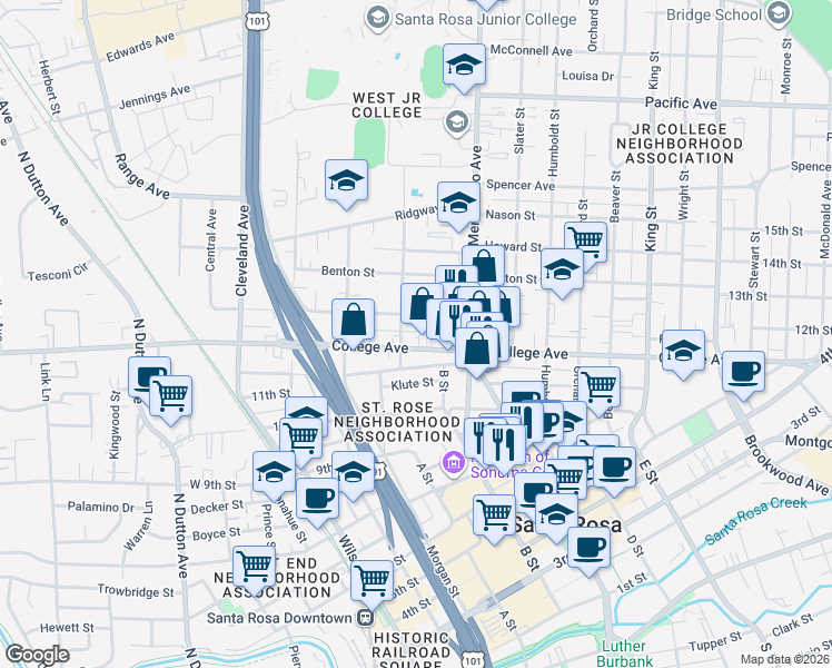 map of restaurants, bars, coffee shops, grocery stores, and more near 422 Carrillo Street in Santa Rosa