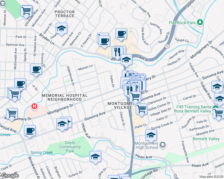 map of restaurants, bars, coffee shops, grocery stores, and more near 2107 Montgomery Drive in Santa Rosa