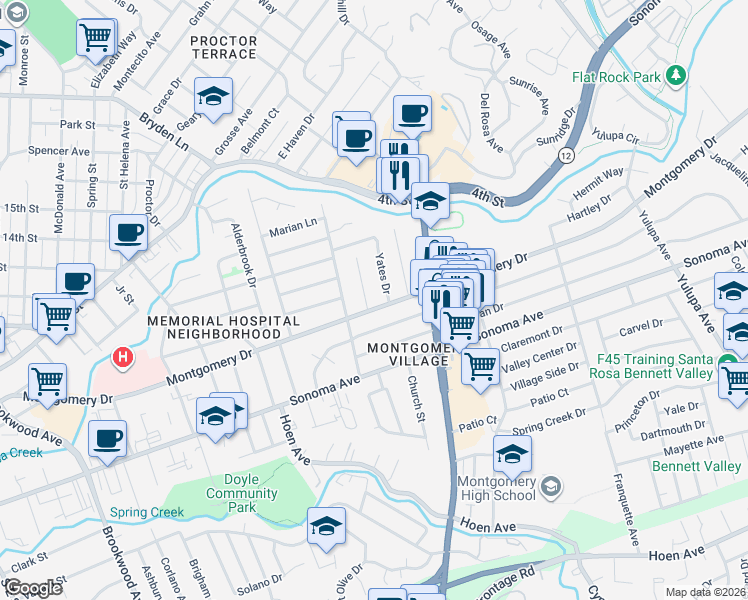 map of restaurants, bars, coffee shops, grocery stores, and more near 238 Jean Drive in Santa Rosa
