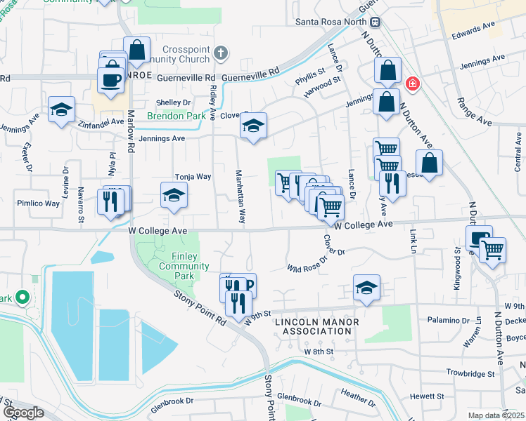map of restaurants, bars, coffee shops, grocery stores, and more near 1385 West College Avenue in Santa Rosa