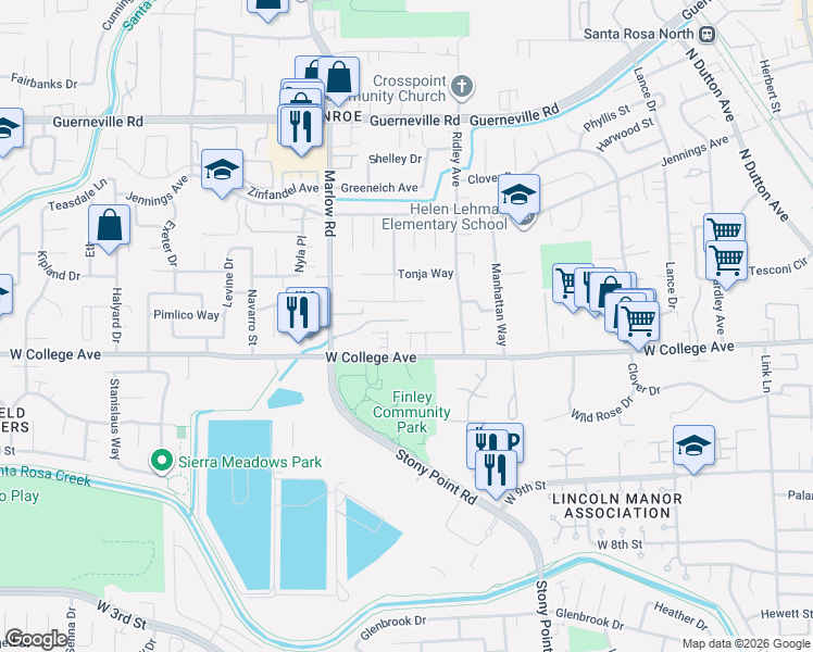 map of restaurants, bars, coffee shops, grocery stores, and more near 1874 Amy Avenue in Santa Rosa