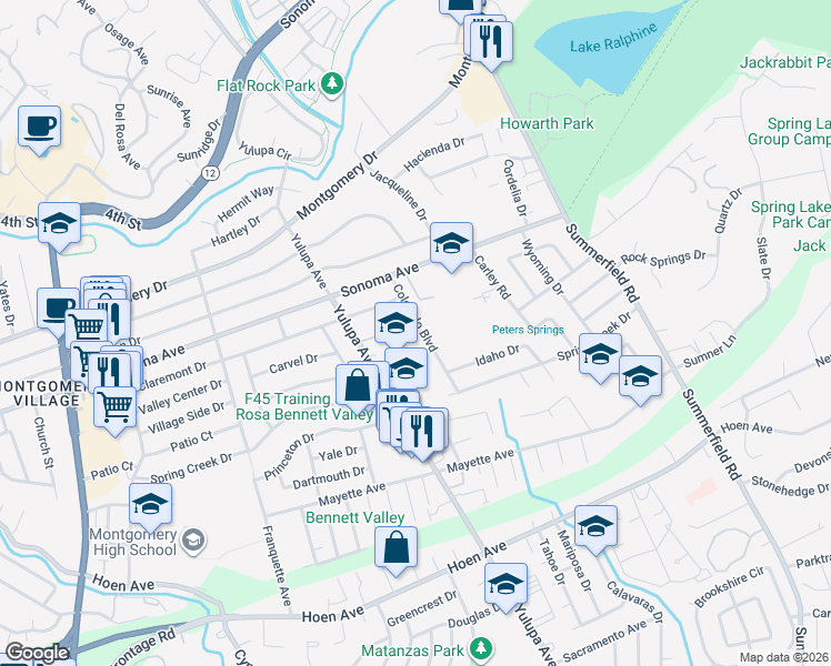 map of restaurants, bars, coffee shops, grocery stores, and more near 855 Colorado Boulevard in Santa Rosa