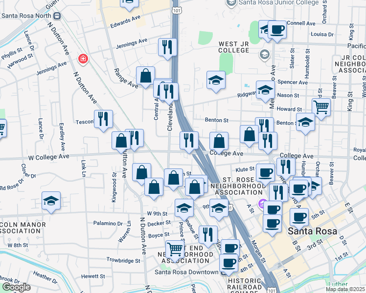 map of restaurants, bars, coffee shops, grocery stores, and more near 130 Carrillo Street in Santa Rosa