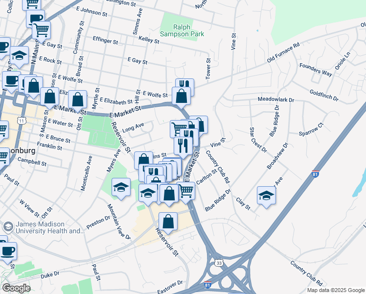 map of restaurants, bars, coffee shops, grocery stores, and more near 624 Hawkins Street in Harrisonburg