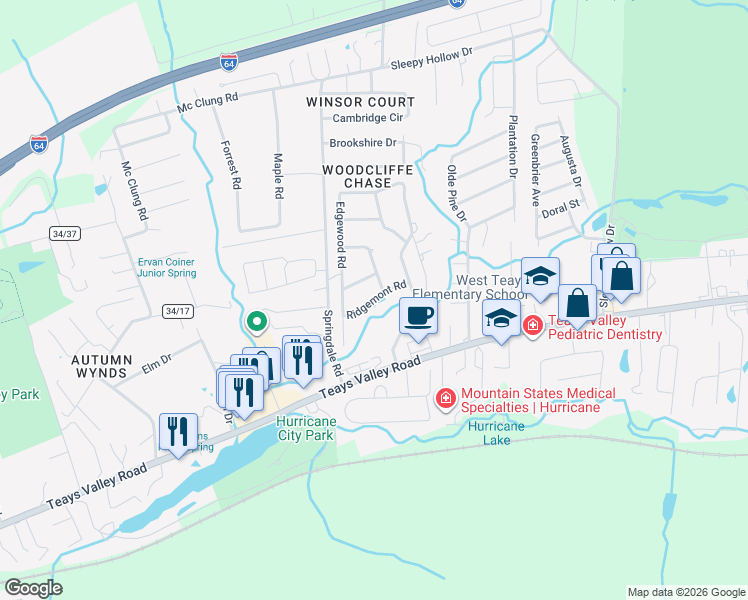 map of restaurants, bars, coffee shops, grocery stores, and more near 138 Ridgemont Road in Hurricane