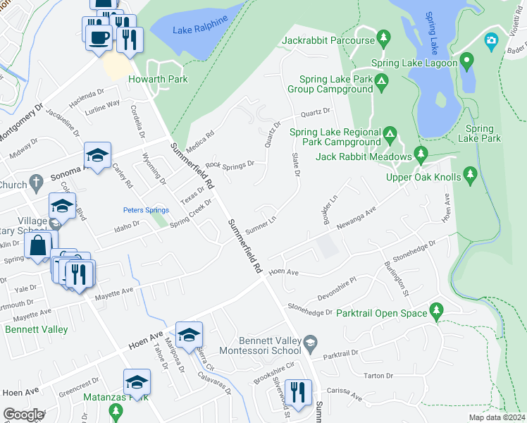 map of restaurants, bars, coffee shops, grocery stores, and more near 3955 Sumner Lane in Santa Rosa
