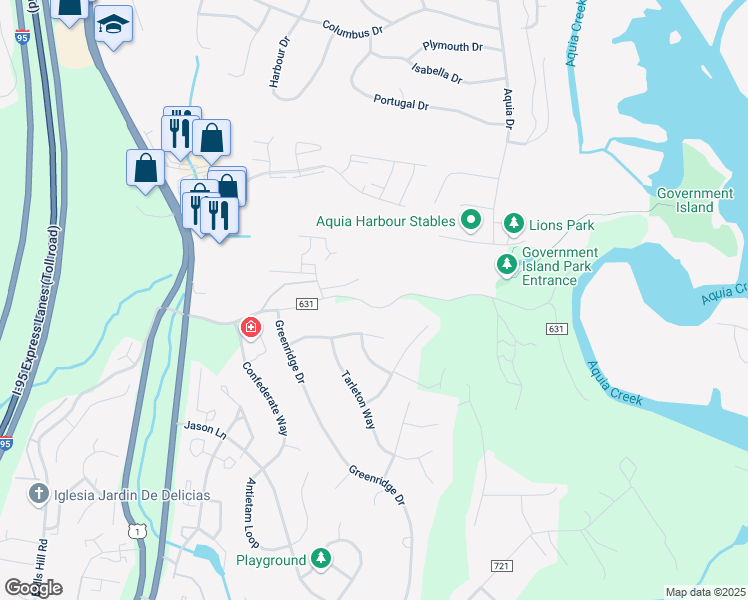 map of restaurants, bars, coffee shops, grocery stores, and more near 117 Coal Landing Road in Stafford