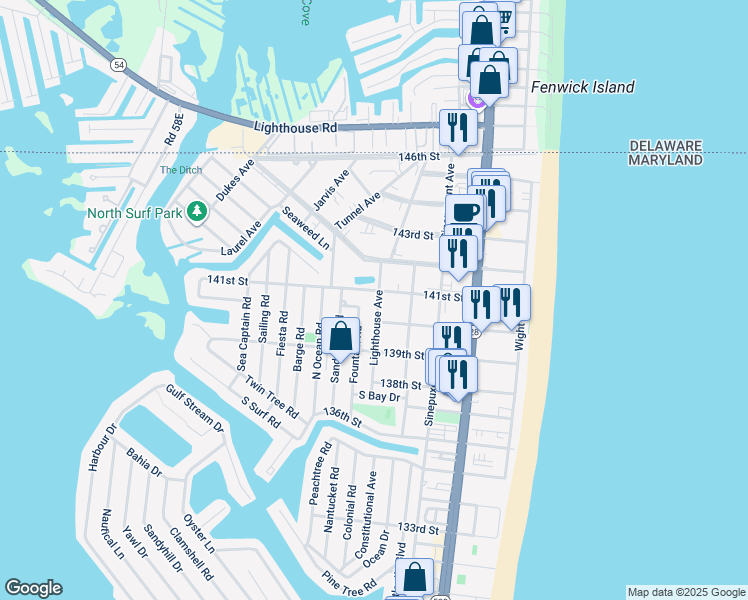 map of restaurants, bars, coffee shops, grocery stores, and more near 14009 Lighthouse Avenue in Ocean City