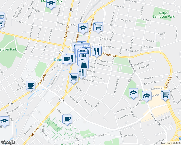 map of restaurants, bars, coffee shops, grocery stores, and more near 149 Franklin Street in Harrisonburg