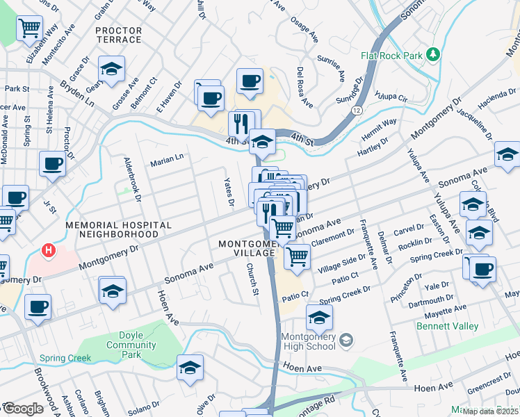 map of restaurants, bars, coffee shops, grocery stores, and more near 411 Farmers Lane in Santa Rosa