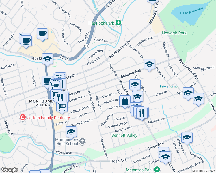 map of restaurants, bars, coffee shops, grocery stores, and more near 3121 Claremont Drive in Santa Rosa