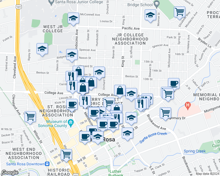 map of restaurants, bars, coffee shops, grocery stores, and more near 732 Beaver Street in Santa Rosa
