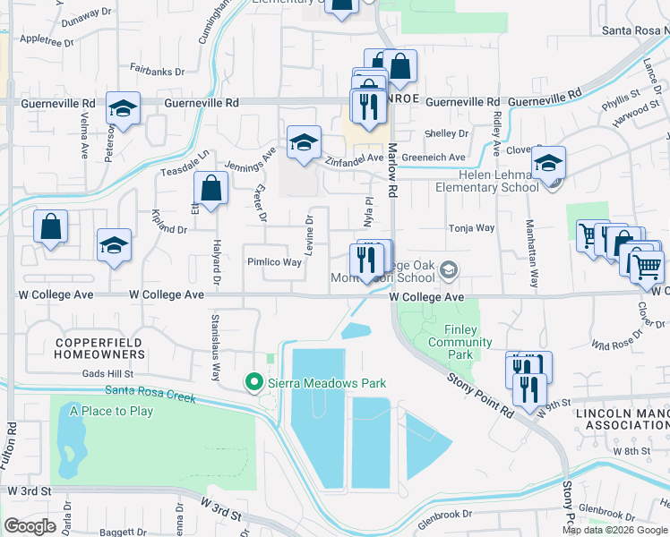 map of restaurants, bars, coffee shops, grocery stores, and more near 1116 Navarro Street in Santa Rosa
