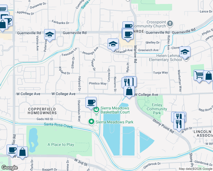 map of restaurants, bars, coffee shops, grocery stores, and more near 1120 Levine Drive in Santa Rosa