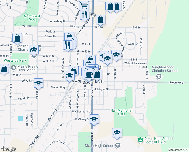 map of restaurants, bars, coffee shops, grocery stores, and more near 199 N 1st St in Dixon
