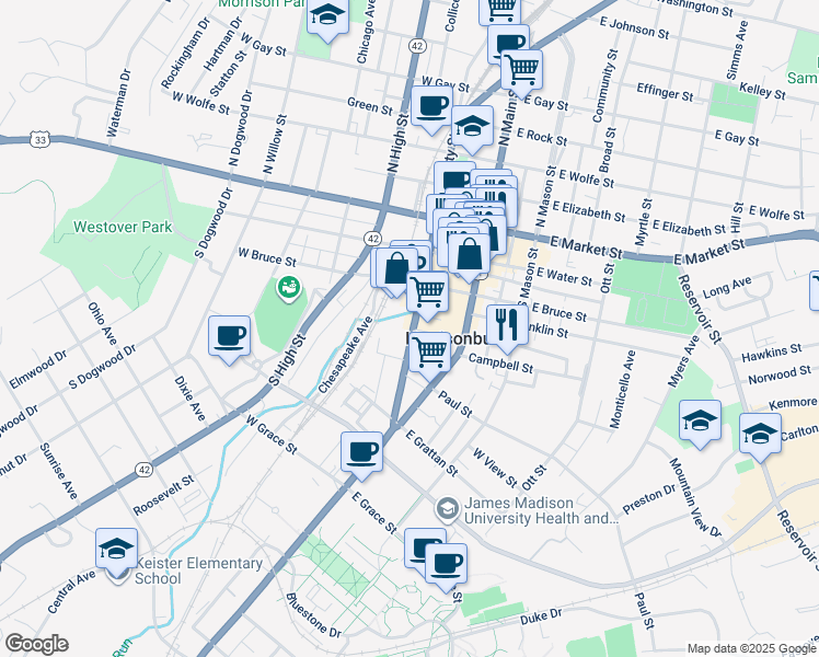 map of restaurants, bars, coffee shops, grocery stores, and more near 231 Lee Highway in Harrisonburg
