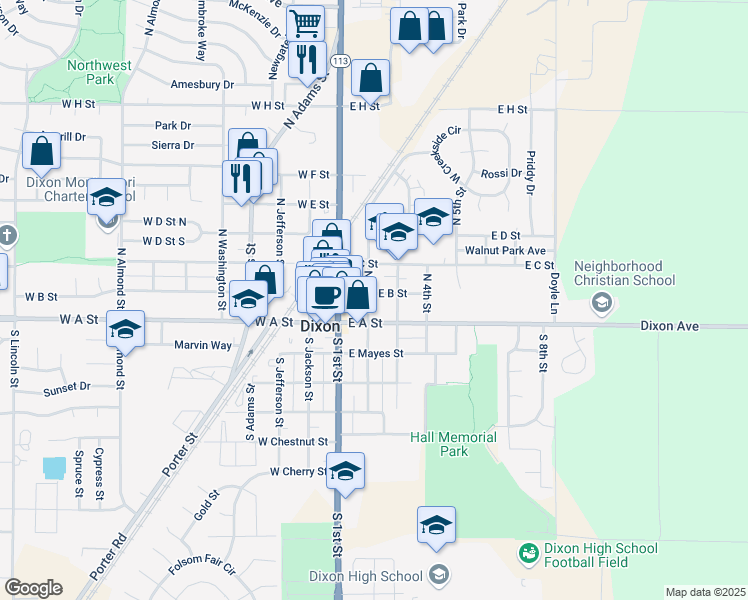 map of restaurants, bars, coffee shops, grocery stores, and more near 200 East B Street in Dixon