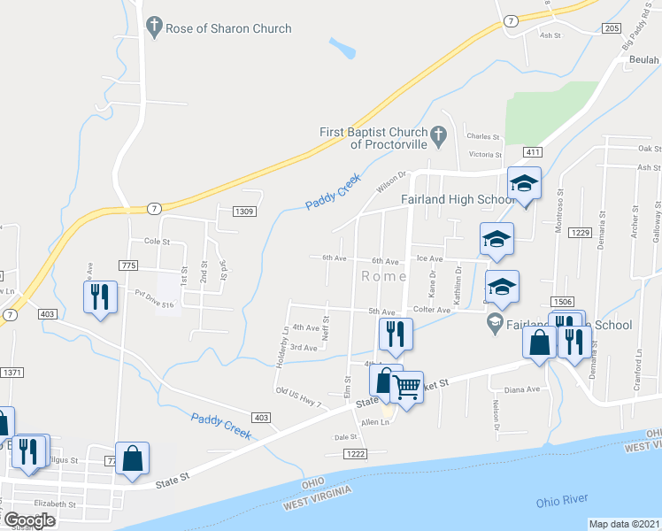 map of restaurants, bars, coffee shops, grocery stores, and more near 199 Township Road 1061 in Proctorville