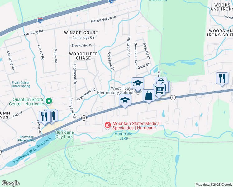 map of restaurants, bars, coffee shops, grocery stores, and more near 31 Harriett Court in Hurricane
