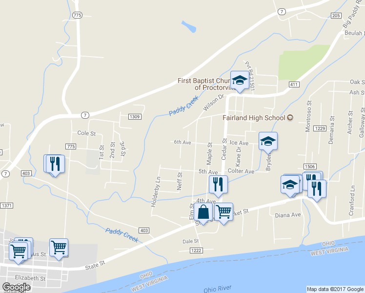 map of restaurants, bars, coffee shops, grocery stores, and more near 199 Township Road 1061 in Proctorville