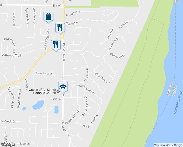 map of restaurants, bars, coffee shops, grocery stores, and more near 241 Bluff View Circle in St. Louis