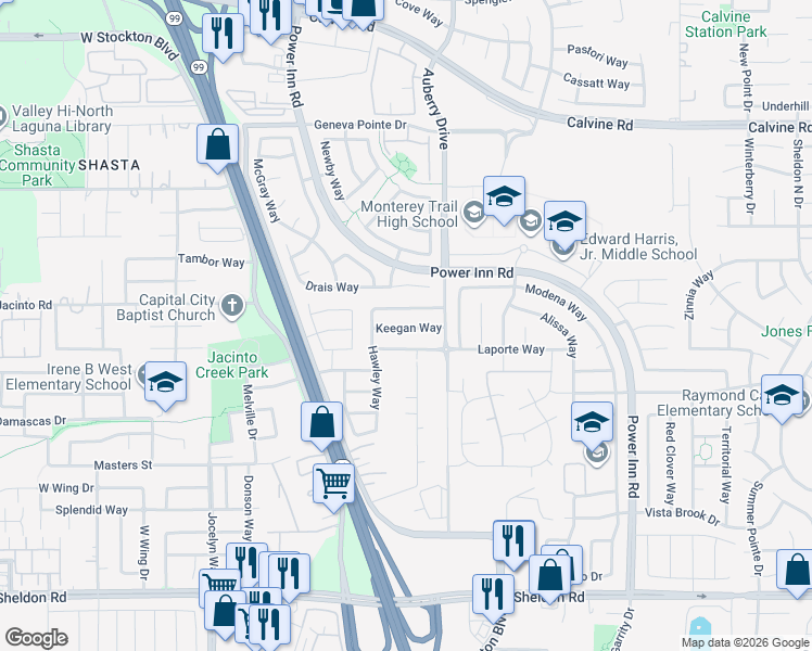 map of restaurants, bars, coffee shops, grocery stores, and more near 8265 Keegan Way in Elk Grove